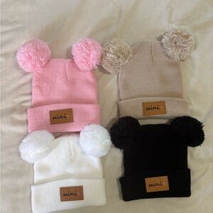 Mini Kids Pom Pom Beanie Set - Pink, Beige, White, Black
